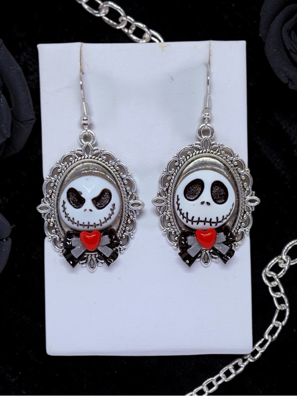 Silver-Tone Skull Cameo Drop Earrings with Red Heart Accent